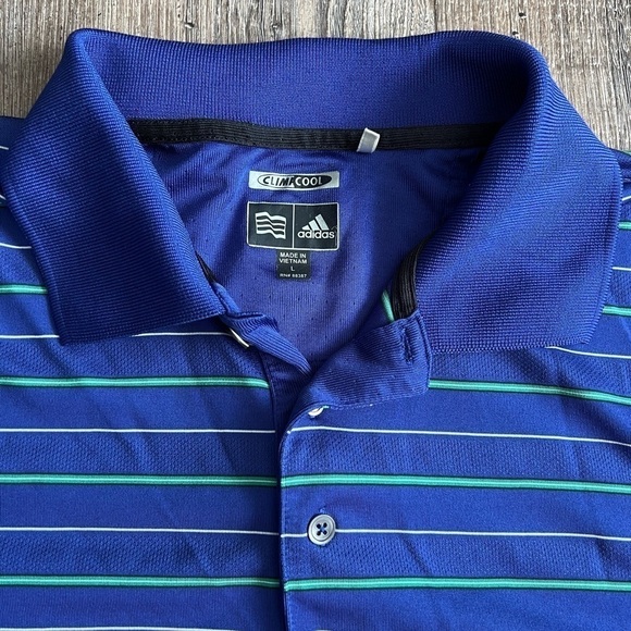 Adidas Shirt Mens Large ClimaCool Blue Striped Polo Golfer Golf Rugby Striped - Picture 2 of 6